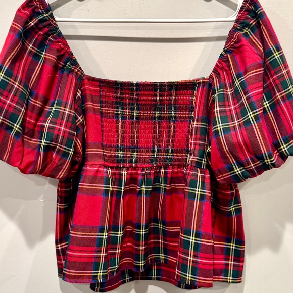 Francesca’s Collections Nicole Plaid Puff Sleeve Pleated Holiday Blouse NWT - Picture 7 of 15
